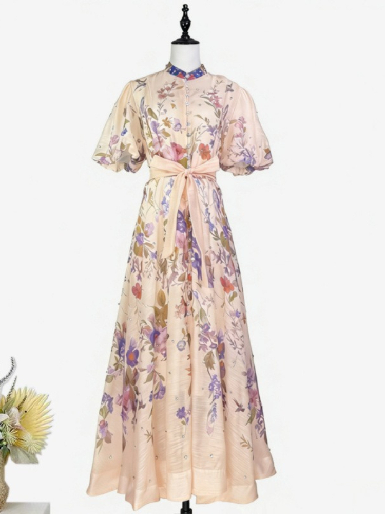 Summer Clothing Pictures - フレンチレトロエレガントな夏の女性用ツーピースドレス、バブルスリーブの半袖、大きなスイングドレス、ロングスカート