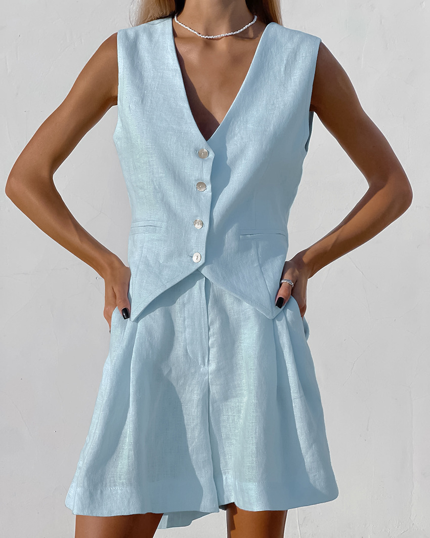 Summer Clothing Linen - 2025年新作スーツベスト＋ショートパンツセット 夏 綿麻 通勤 シンプル レディースセット