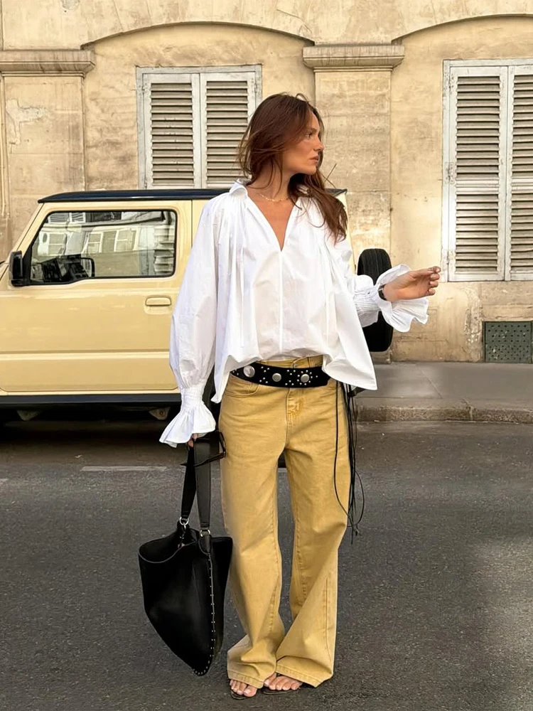 Tie Front Shirt - 女性用ホワイトVネックタイフロントランタンスリーブシャツルーズフィットラッフルカフブラウスシックエレガントカジュアルストリートウェアトップ