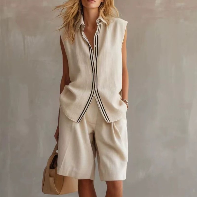 Summer Clothing Linen - 夏のファッション ソリッドリネンブレンド ツーピースセット レディース カジュアル シングルブレスト