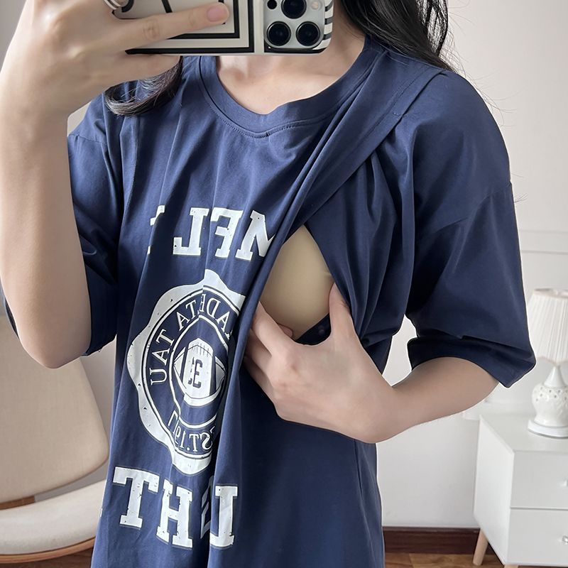 Summer Clothing Us - 授乳服妊娠中の授乳ロング Tシャツナイトガウン女性夏マタニティルーズ授乳服妊娠ホーム服