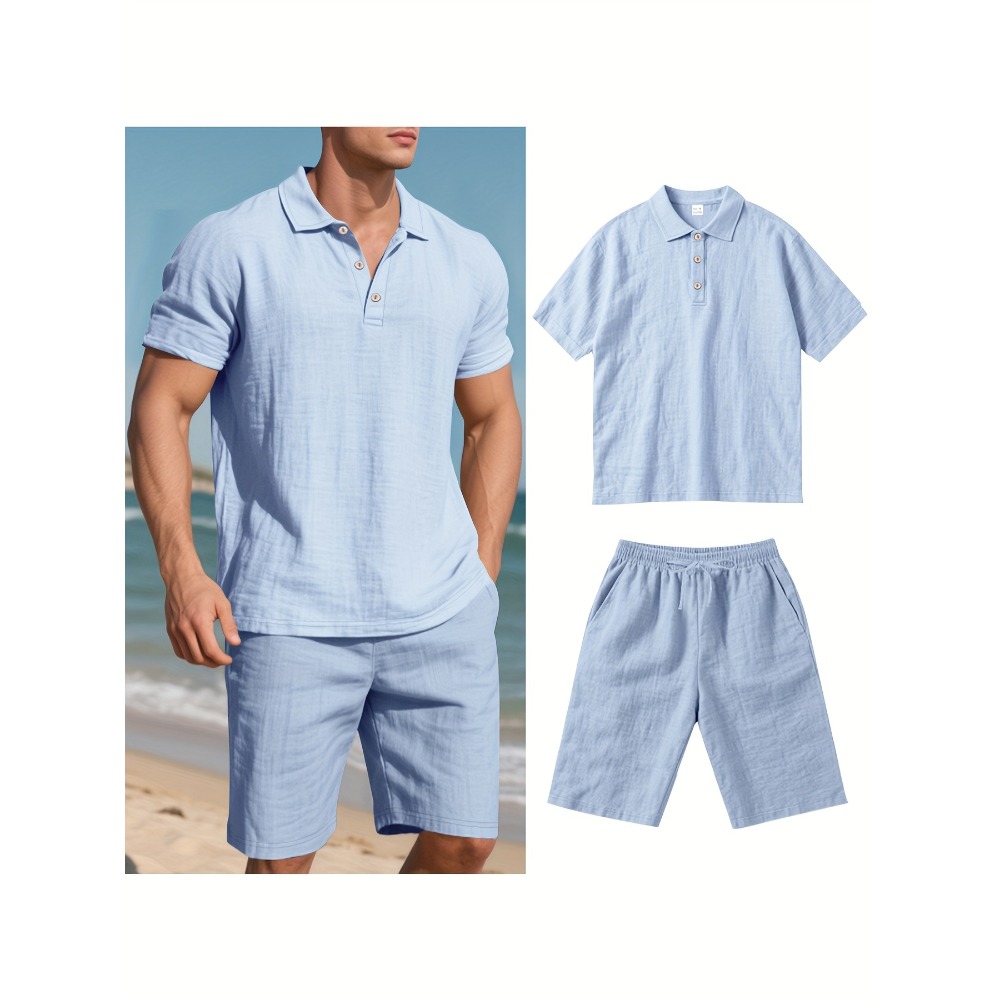 Summer Clothing Men Linen - 夏のメンズスーツファッションリネンラペルボタン2ピースセット半袖ポロシャツ+ショートパンツスポーツウェアビーチマンスーツ