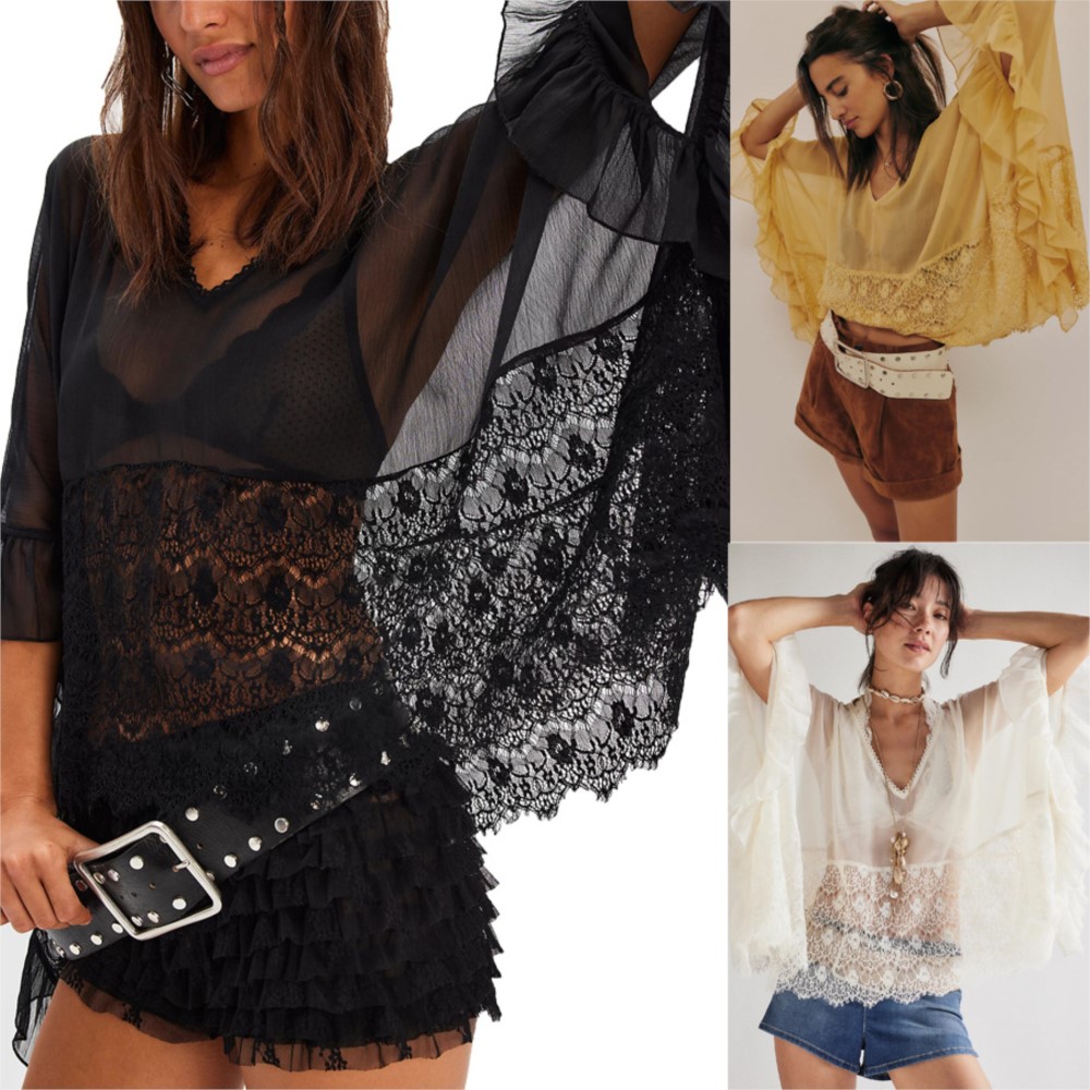 Summer Clothing Holiday - 女性用ルーズブラウス シャツ 長袖トップス レディース服 レースメッシュ ドルマンスリーブ