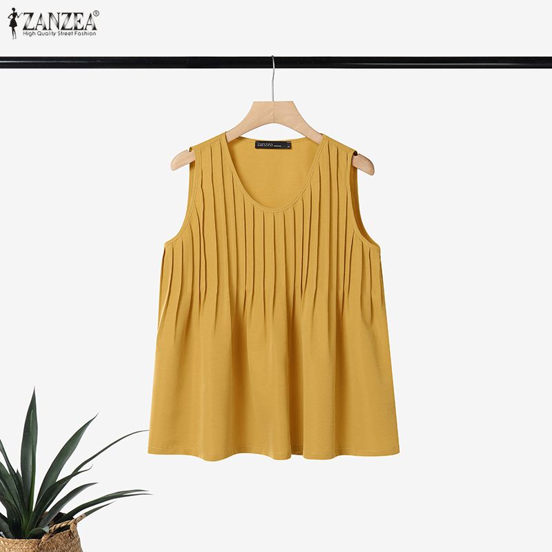 Summer Clothing Holiday - ZANZEA プラスサイズ 5XL 女性ピンタックタンクトップ夏カジュアルルーズソリッド A ラインノースリーブブラウスホリデービーチラウンドネックトップス