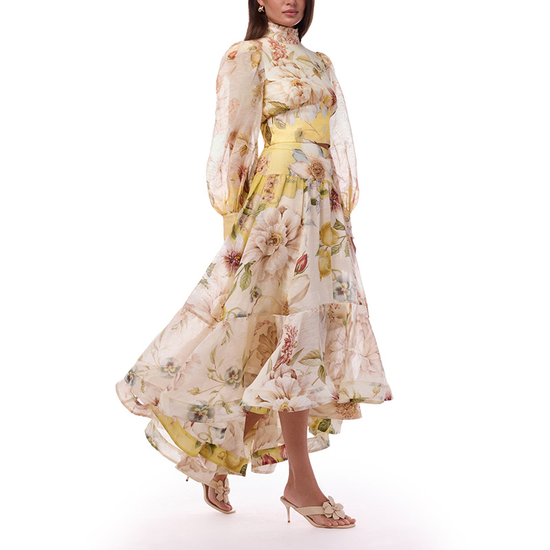 Summer Clothing Holiday - 夏の花柄プリントホリデー2ピースセットスタンドカラー長袖トップス+ハイウエストAラインスカート女性用カジュアルバケーションウェア