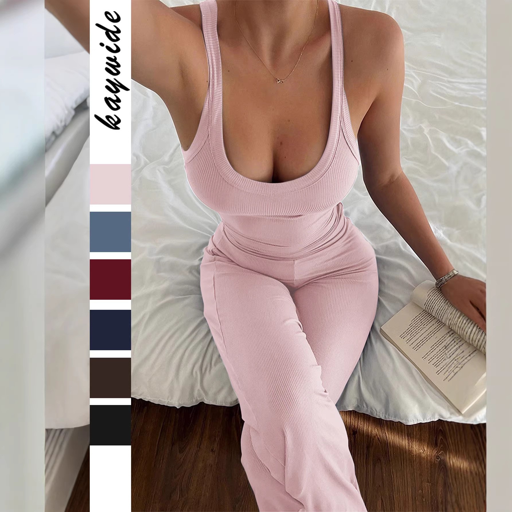 Summer Clothing Us - 春夏レディース服 スポーティノースリーブタンクトップ ワイドレッグパンツセット 女性用 ビスコースポリエステル混紡 無地