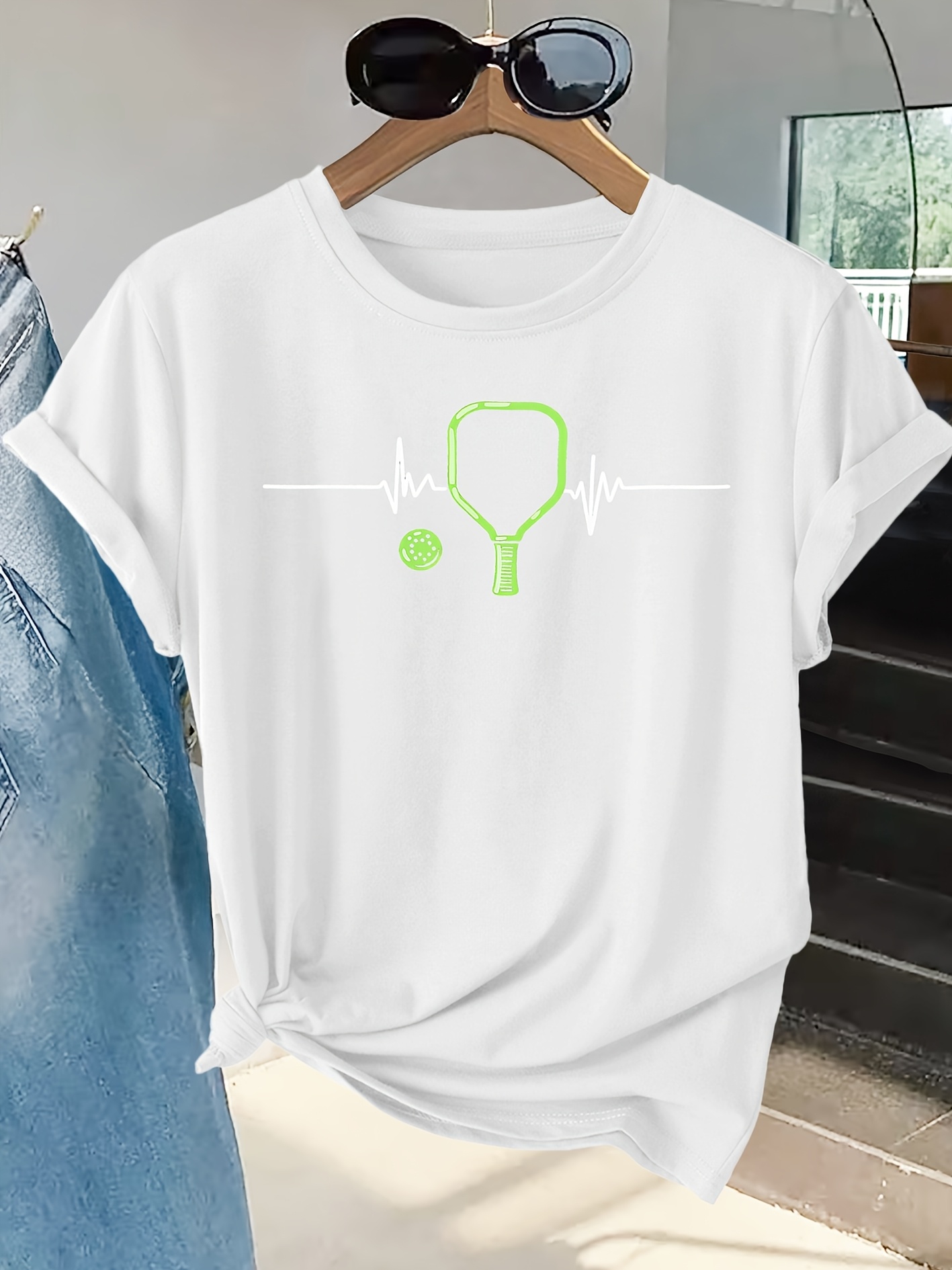 Summer Clothing Pictures - レディースTシャツ ラケット ハートビート パーソナリティプリント ラウンドネック レディースウェア