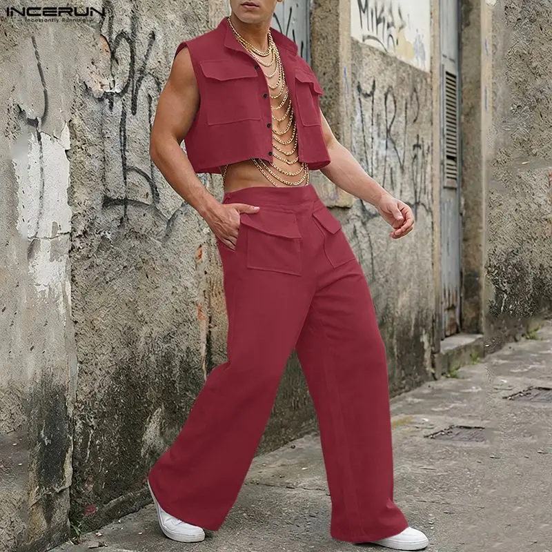 Summer Clothing Guys - INCERUN 男性セット固体ノースリーブクロップトップスシャツパンツ 2 ピースセットストリートルーズ 2026 ファッションメンズマッチングセットトラックスーツ