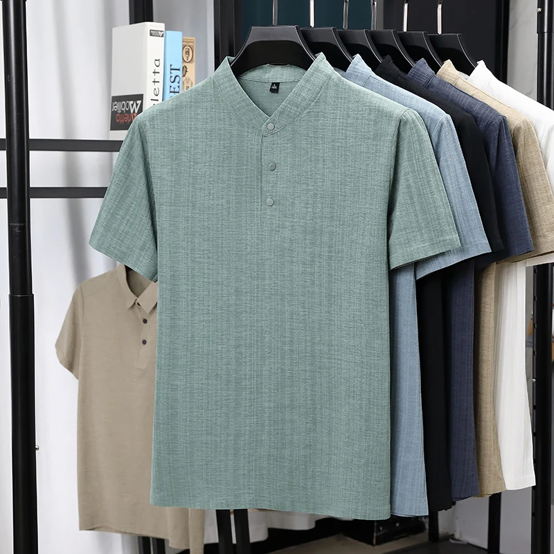 Summer Clothing Linen - メンズマンダリンカラーハーフプラケットリネンテクスチャード半袖シャツカジュアルトップスしわになりにくい通気性のある夏服