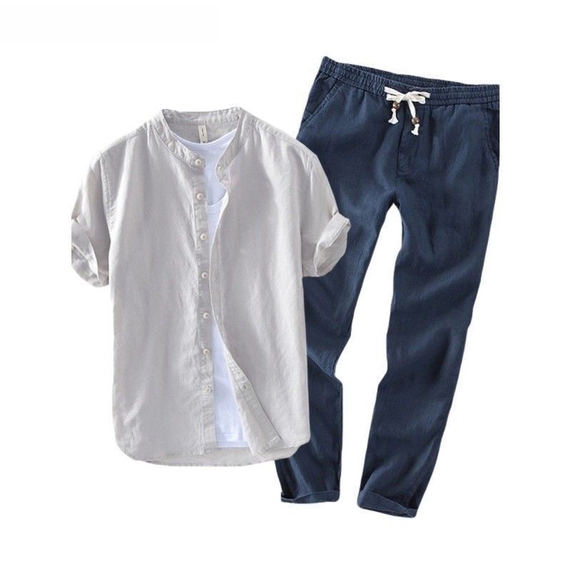 Summer Clothing Linen - メンズリネン半袖カジュアルシャツとTシャツセット通気性のある夏服快適なゆったりとした大きいサイズの服