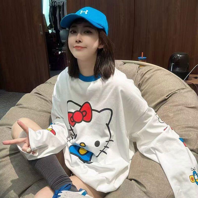 Summer Clothing Us - 長袖ハローキティ夏の新スタイル漫画かわいいプリント Tシャツ女性のための人気の緩い日焼け防止服薄いトップス