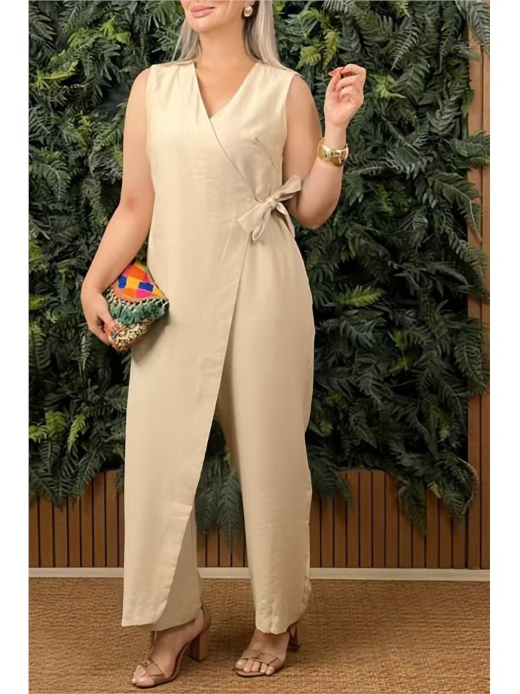 Summer Clothing Holiday - 女性カジュアルジャンプスーツ V ネックノースリーブレースアップジャンプスーツ女性のファッションオフィスホリデー婦人服ジャンプスーツ夏新
