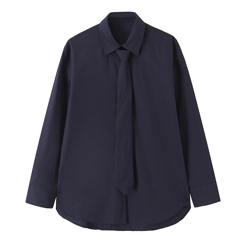 Tie Front Shirt - Willshela 女性ファッションネクタイ付きネイビーブルーシングルブレストブラウスヴィンテージラペルネック長袖女性シックな女性シャツ