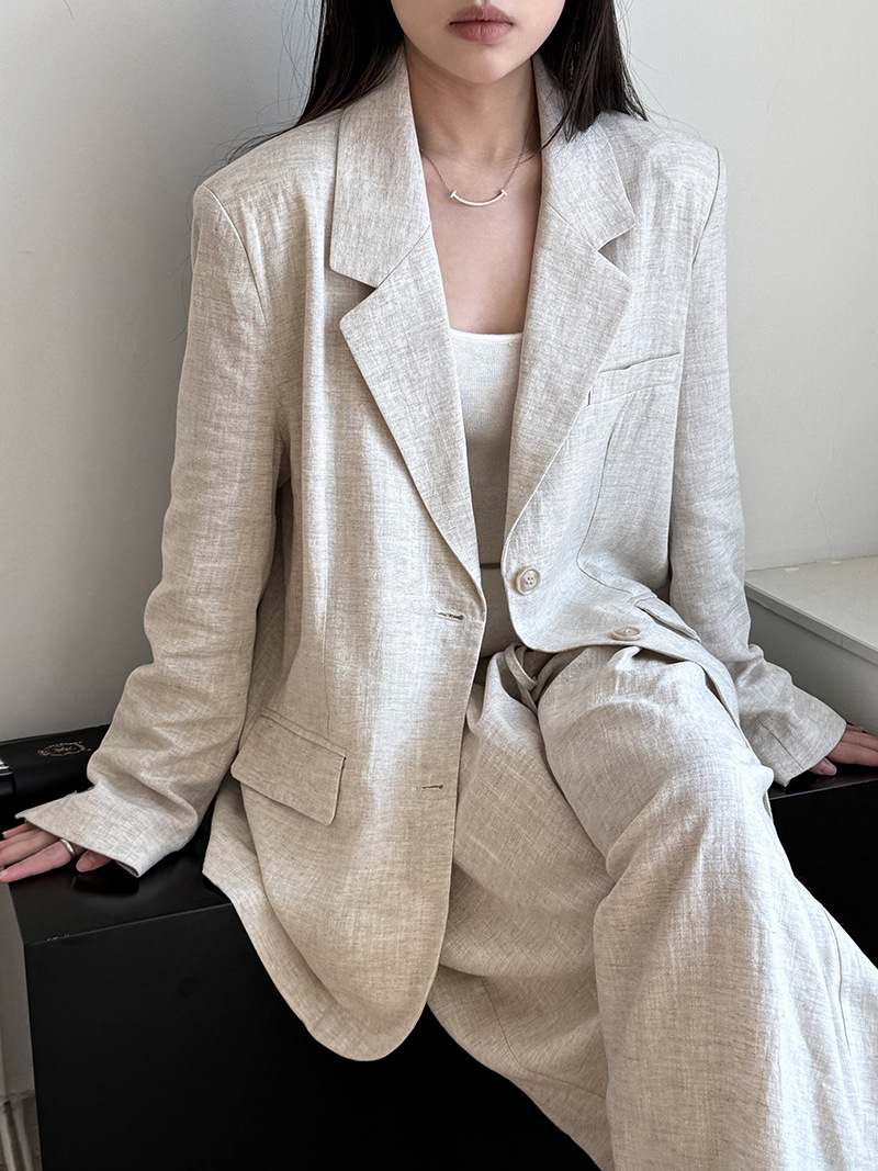 Summer Clothing Linen - 秋のハイエンドリネン素材ブレザージャケットセット レディース 2025 夏新作 ルーズワイドレッグカジュアルパンツ レディース服