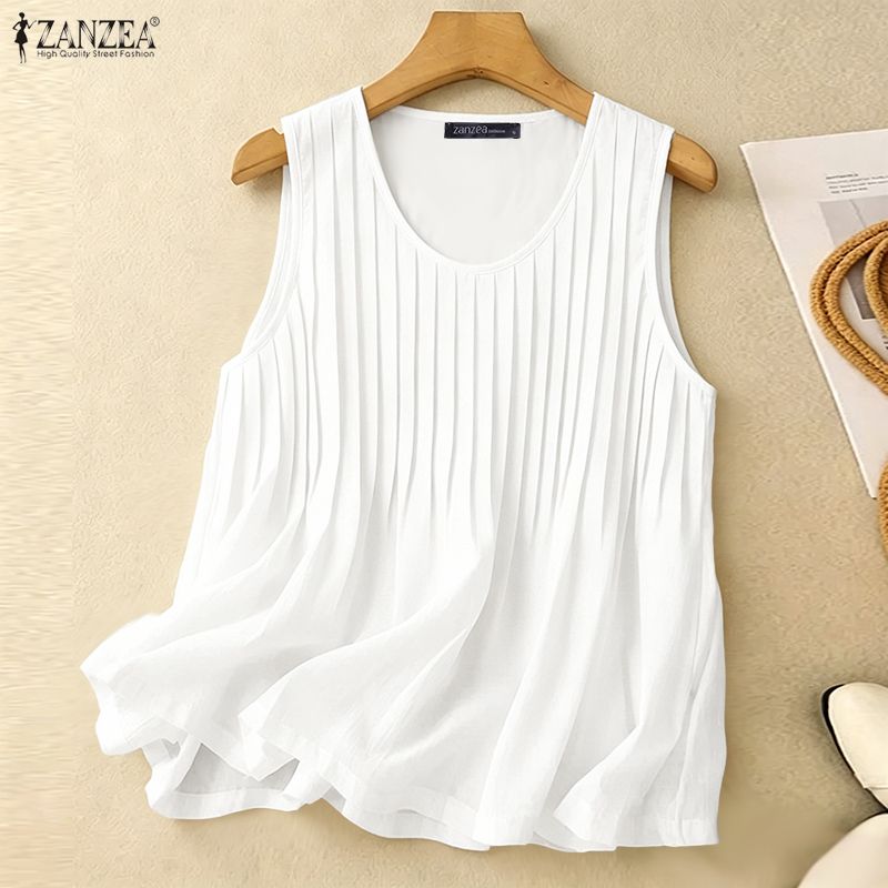 Summer Clothing Holiday - ZANZEA 女性夏ピンタックタンクトッププラスサイズカジュアルルーズソリッド A ラインノースリーブブラウスホリデービーチラウンドネックトップス 5XL