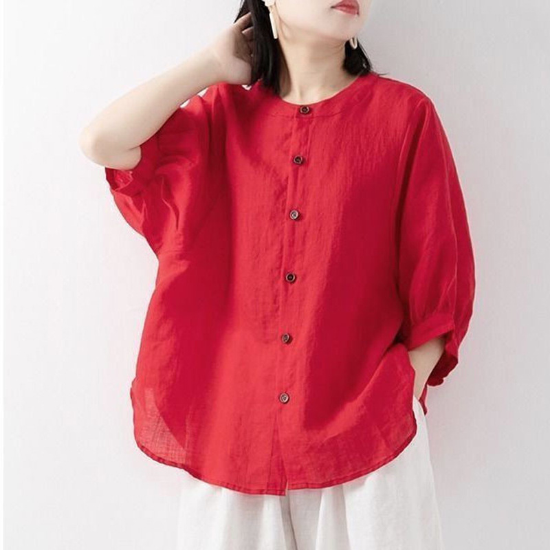 Summer Clothing Linen - 綿麻シャツ レディース 春夏 薄手 無地 ランタン袖