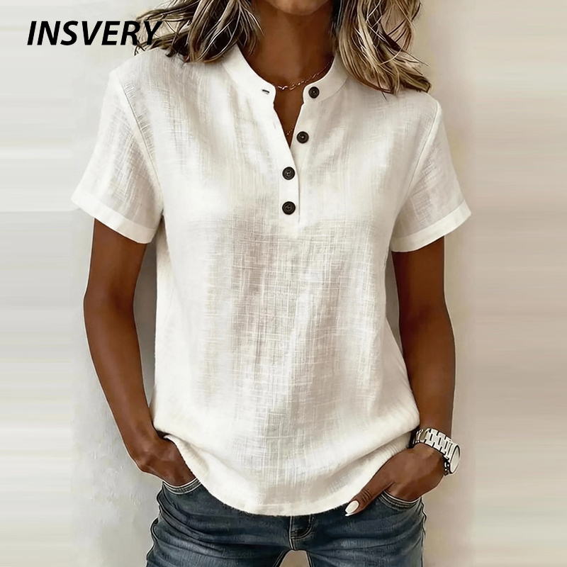 Summer Clothing Men Linen - 夏用半袖ベーシックブラウス レディースシャツ 無地 Vネックボタンシャツ レディースカジュアルコットンリネンルーズトップス プルオーバー