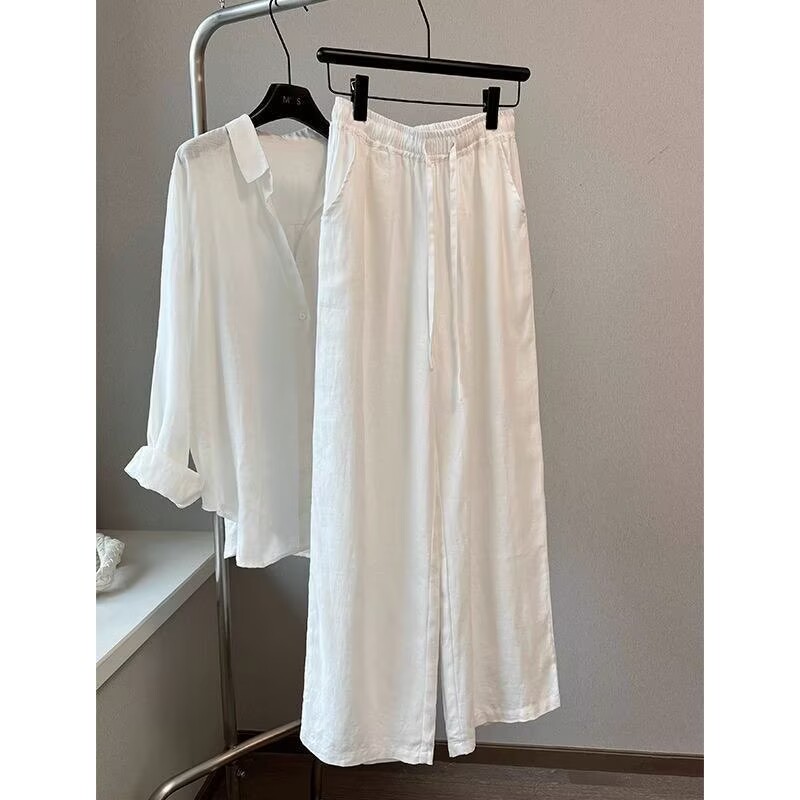 Summer Clothing Linen - 韓国白綿リネンワイドレッグパンツシャツセット女性のルーズファッション弾性ウエストカジュアルパンツ長袖トップス女性