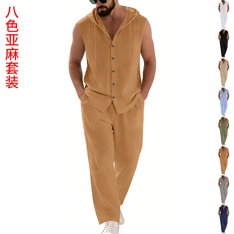 Summer Clothing Us - メンズカジュアルリネンスーツフード付きセーターとパンツセット無地通気性快適メンズ服