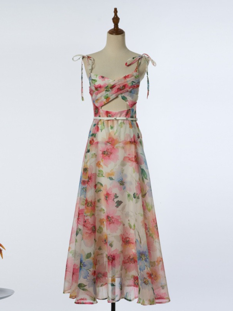 Summer Clothing Pictures - 2026年春夏新作シルクと麻のツイストウエストオープンホローデザインロングネイルダイヤモンドストラップドレス