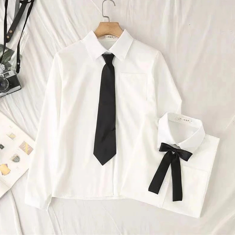Tie Front Shirt - 女性と女の子のための白い長袖Tシャツ,プレッピースタイル,日本のファッション,原宿,襟