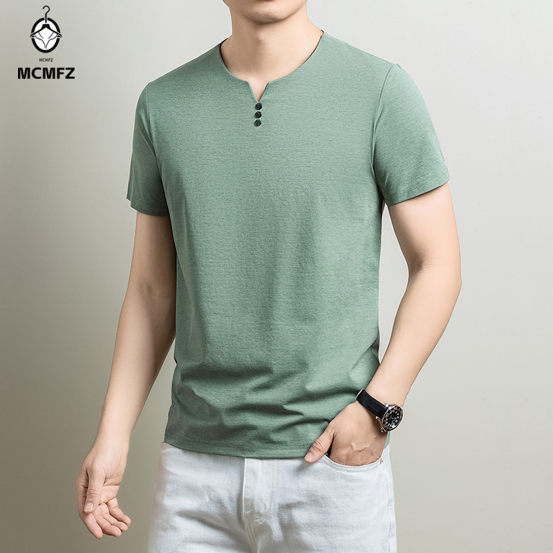 Summer Clothing Guys - メンズベーシックヘンリーTシャツ快適なコットンブレンド半袖トップスカジュアルビジネスオフィス日常や週末の活動に最適