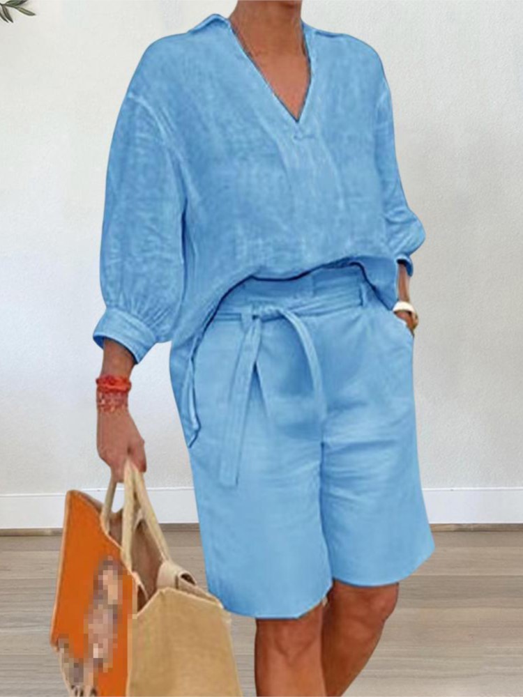 Summer Clothing Linen - ゆったりとしたコットンとリネンのツーピースセット,半袖,Vネック,ポケットとベルト付き,夏