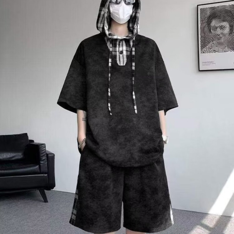 Summer Clothing Plus - M-8XL プラスサイズ紳士服半袖フード付き T シャツ + ショートパンツパンツスポーツセット原宿、日本ファッションカジュアル
