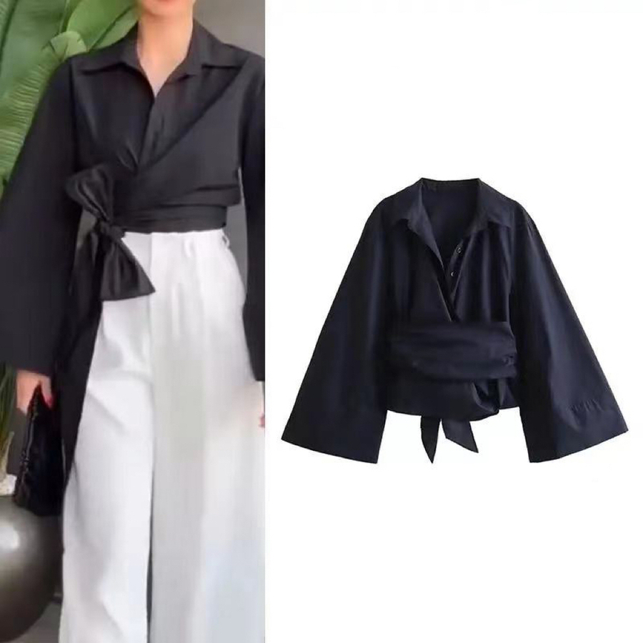 Tie Front Shirt - 女性用ダブルブレストポプリンシャツ,ポロカラー,蝶ネクタイ,ショートエディション,カジュアルファッション,新作