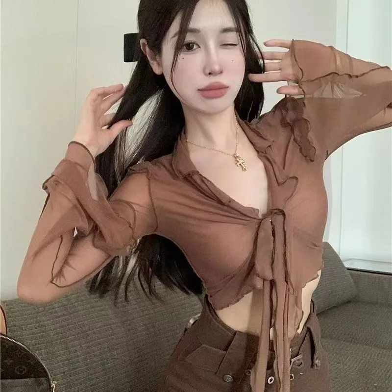 Tie Front Shirt - 女性のセクシーなシアーメッシュクロップシャツタイフロントフレアスリーブY2K長袖ブラウスS-XXL