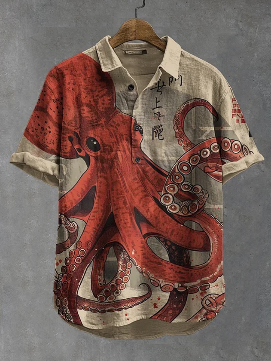 Summer Clothing Men Linen - メンズポロシャツ タコプリント 半袖ポロシャツ 夏ファッション カジュアル 大きいサイズ