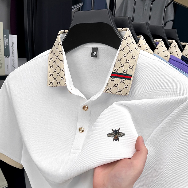 Summer Clothing Men Linen - 高級ブランド ハイエンド メンズ ラペルポロシャツ 夏新作 蜂刺繍