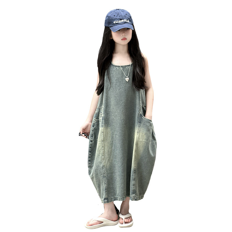 Summer Clothing Linen - ヴィンテージブルー子供女の子高品質ノースリーブデニムドレスストリート衣装ファッション夏の子供の高級ジーンズ服