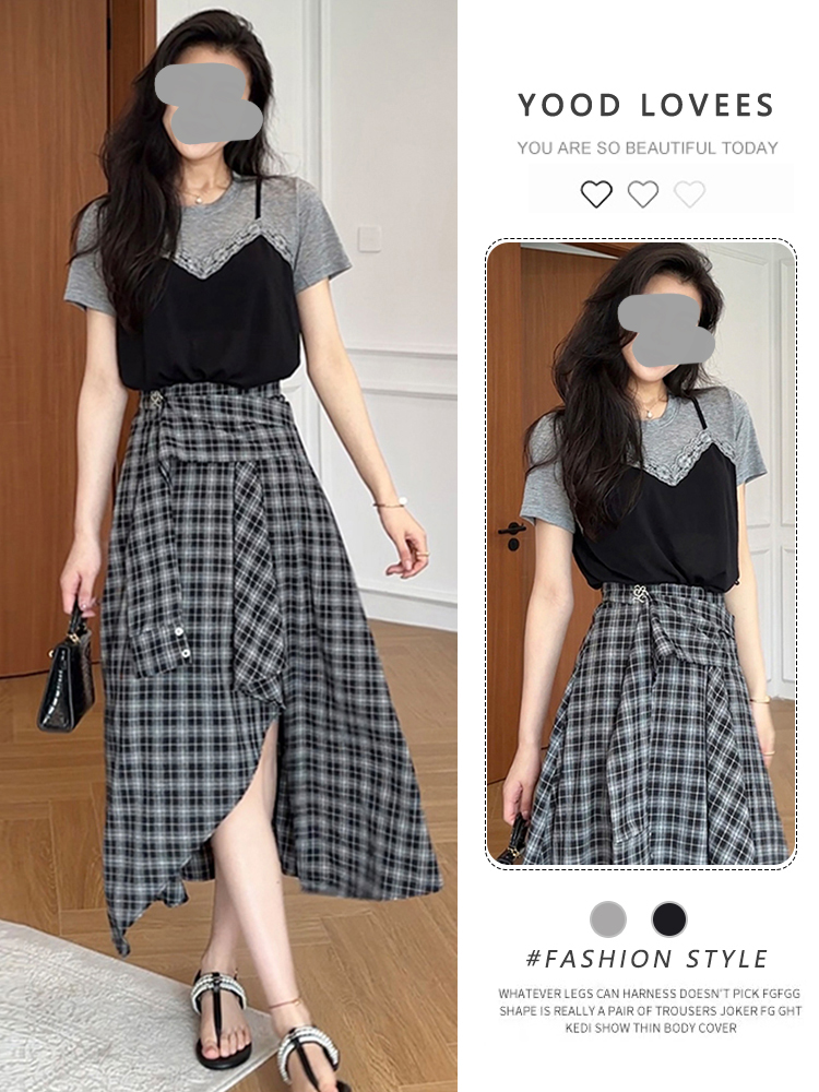 Quality Summer Clothing - 夏の新作ファッションデザイン、レース半袖、イレギュラーチェック柄ハーフスカートのツーピースセット、上品な高品質レディース服セット