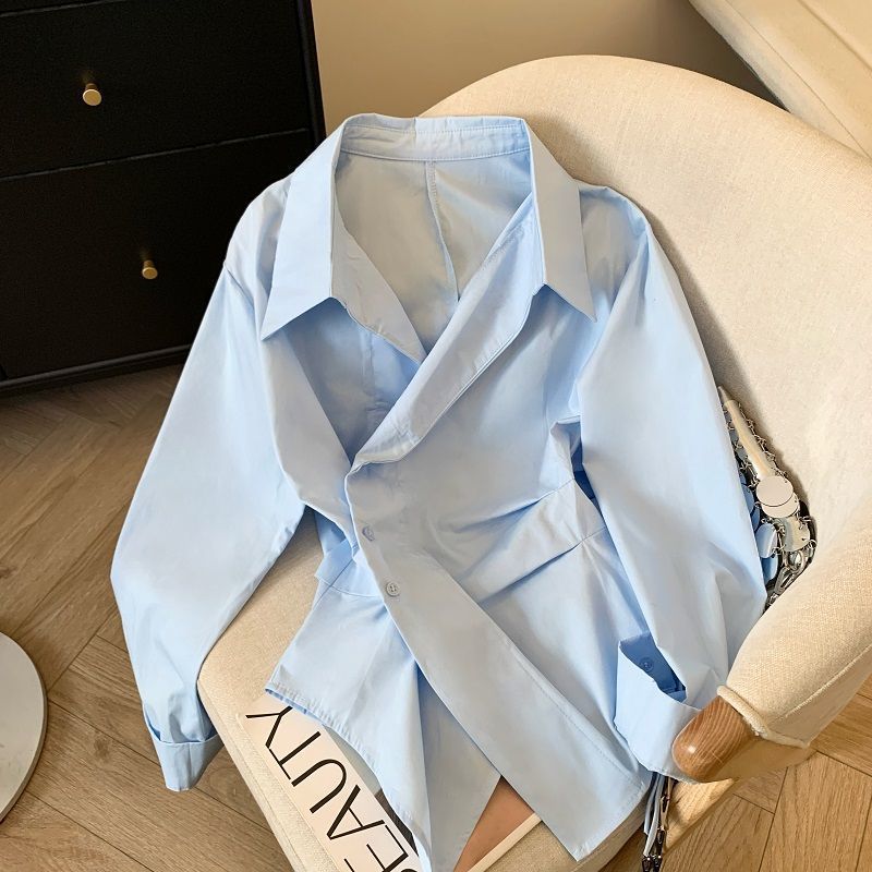 Tie Front Shirt - デザイナーイレギュラーロングスリーブポロシャツ レディースチュニック ホワイト エレガントベーシックトップブラウス レディースファッションワークウェアシャツ