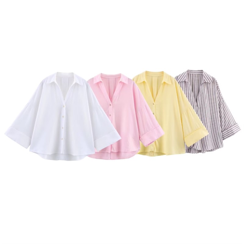 Tie Front Shirt - HipSeam ワイドスリーブシャツ女性春非対称裾ボタン女性のシャツシンプルなレディジョニーカラーシャツ & ブラウス