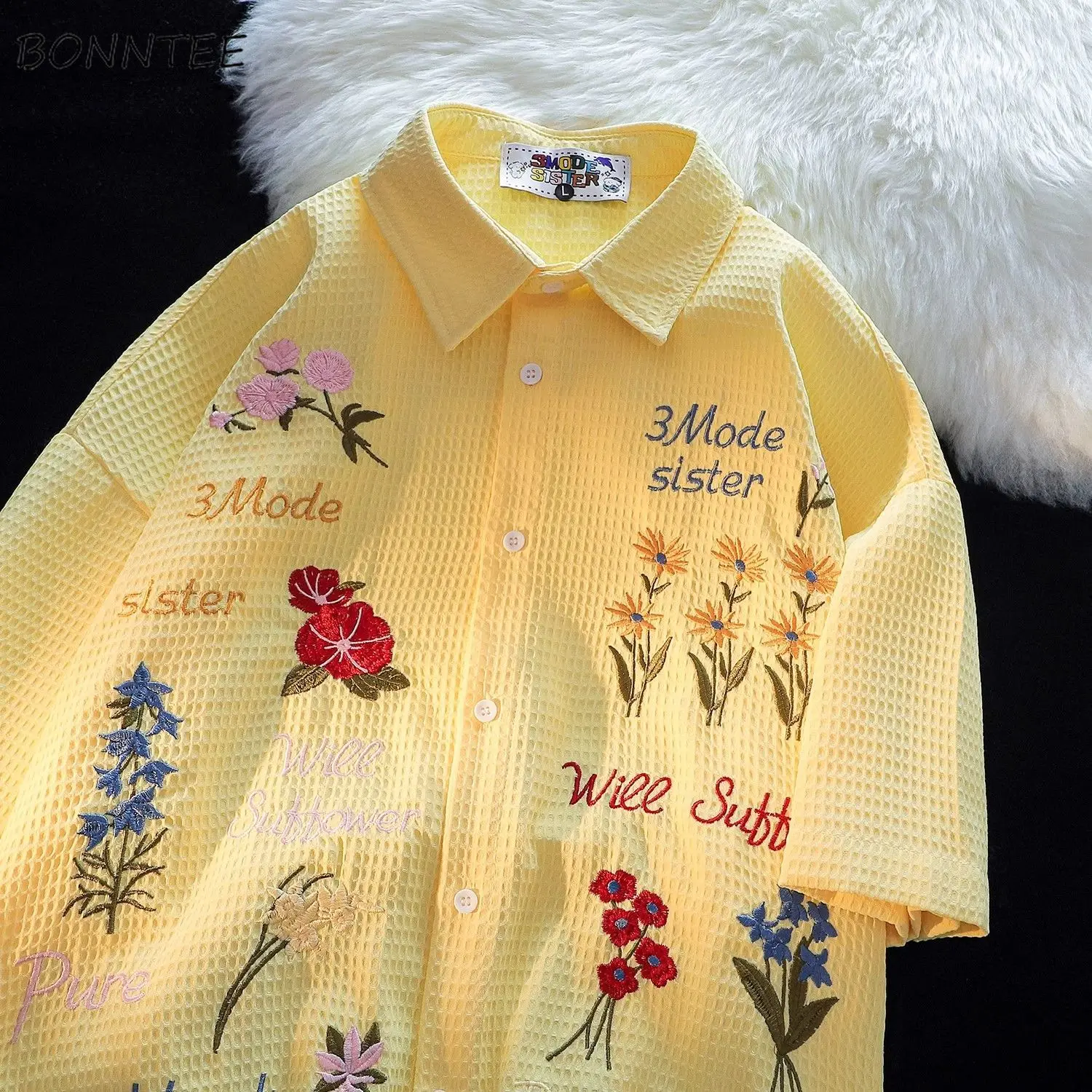 ワッフル花刺繍シャツ女性ルーズ半袖ユニセックスレジャーシック - Summer Clothing Holiday のレビューと価格