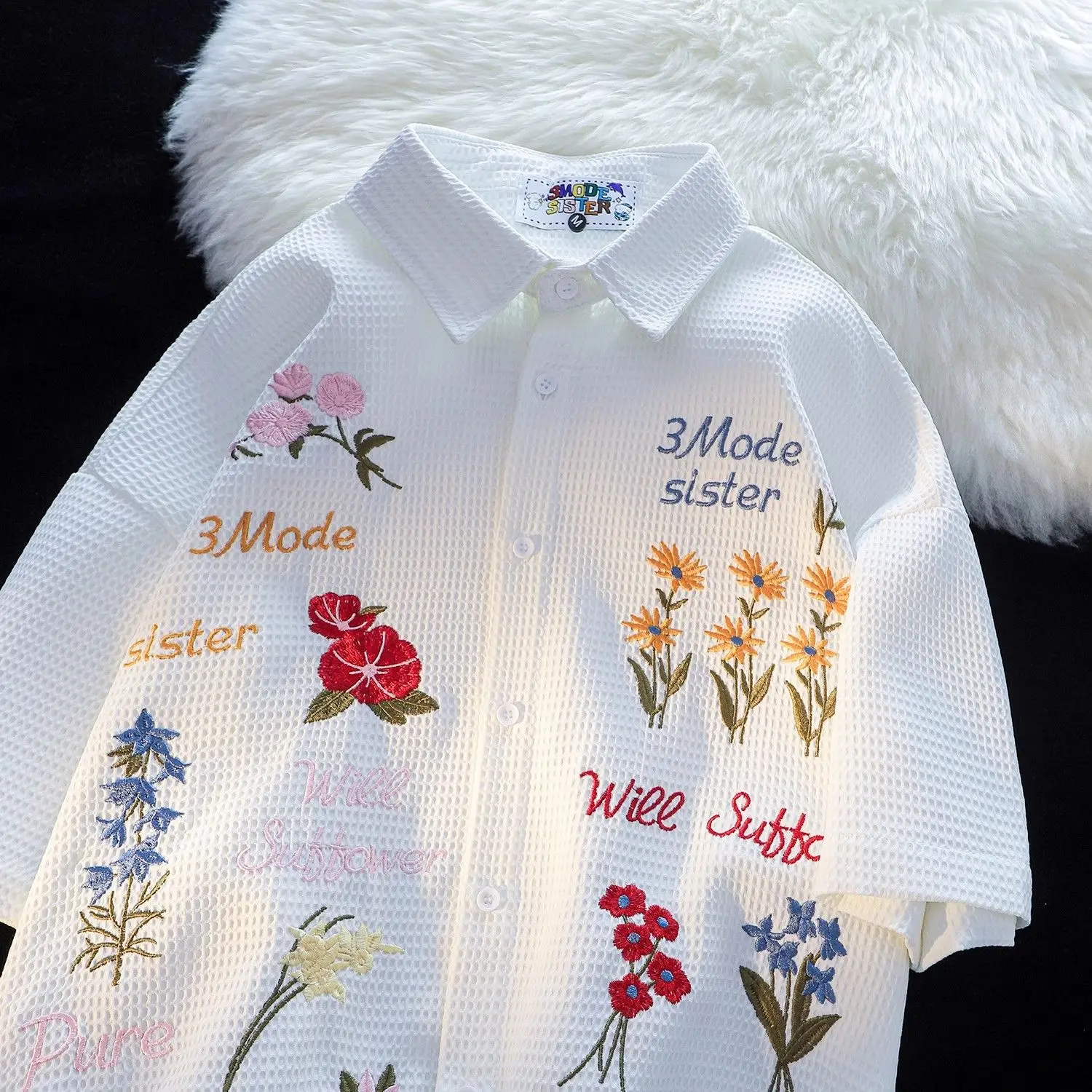 ワッフル花刺繍シャツ女性ルーズ半袖ユニセックスレジャーシック - Summer Clothing Holiday のレビューと価格