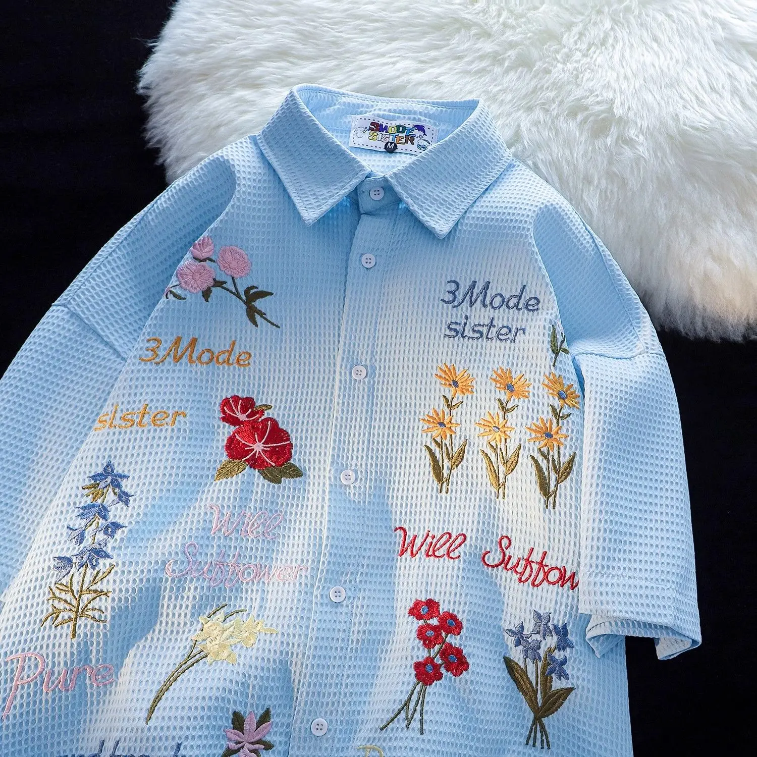 ワッフル花刺繍シャツ女性ルーズ半袖ユニセックスレジャーシック - Summer Clothing Holiday のレビューと価格