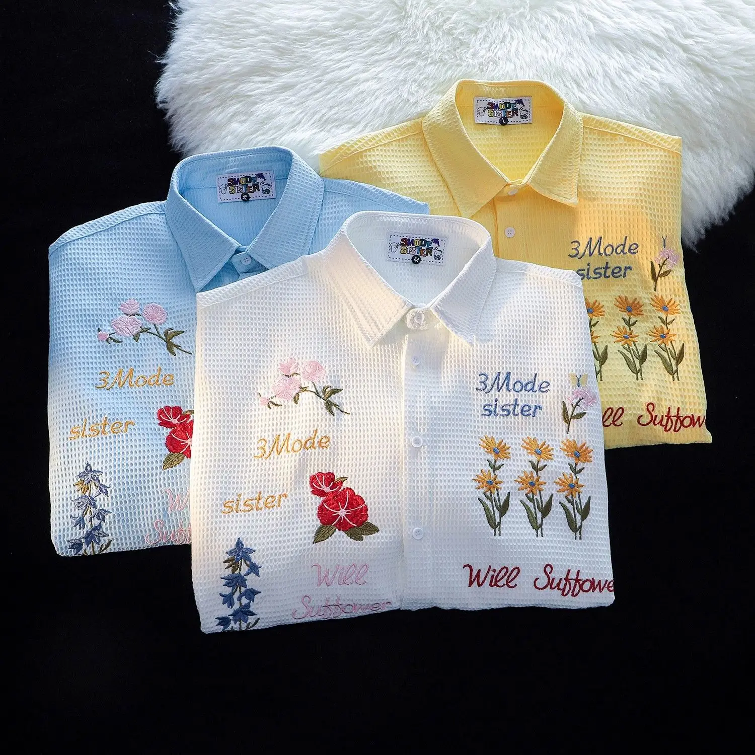ワッフル花刺繍シャツ女性ルーズ半袖ユニセックスレジャーシック - Summer Clothing Holiday のレビューと価格