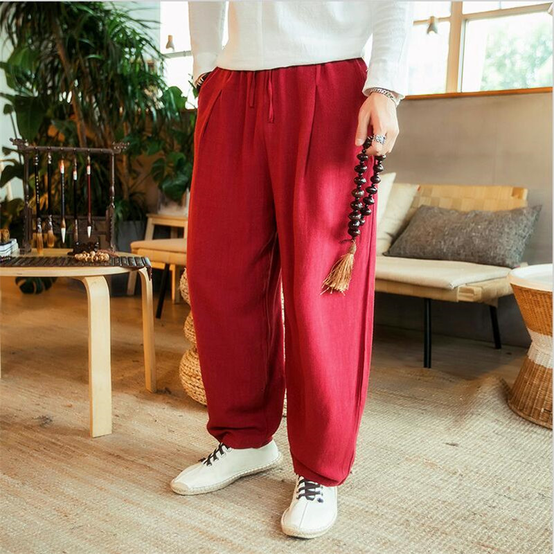 メンズワイドレッグリネンとコットンパンツ,ドローストリング付 - Summer Clothing Men Linen のレビューと価格