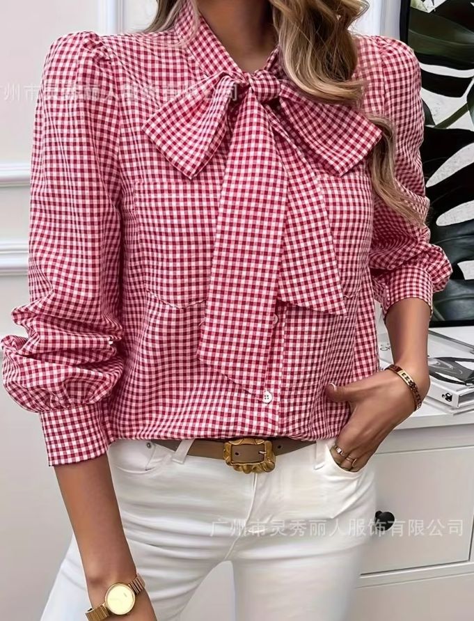女性の春カジュアルチェック柄プリントシャツ秋のファッション蝶 - Tie Front Shirt のレビューと価格