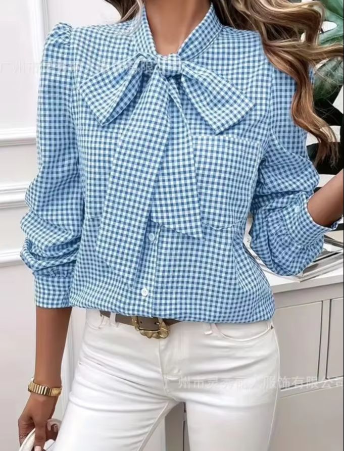 女性の春カジュアルチェック柄プリントシャツ秋のファッション蝶 - Tie Front Shirt のレビューと価格