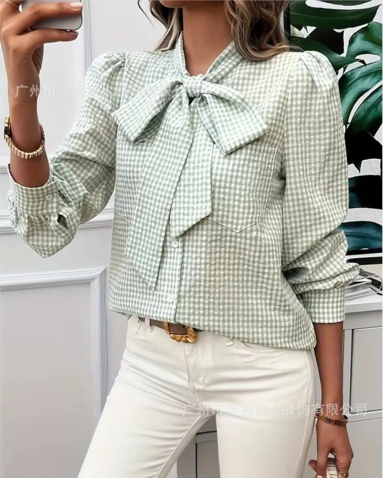 女性の春カジュアルチェック柄プリントシャツ秋のファッション蝶 - Tie Front Shirt のレビューと価格