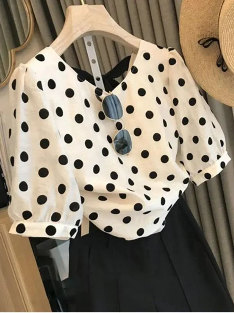 女性のためのエレガントなヴィンテージ水玉サマーブラウス,オフ - Summer Clothing Holiday のレビューと価格