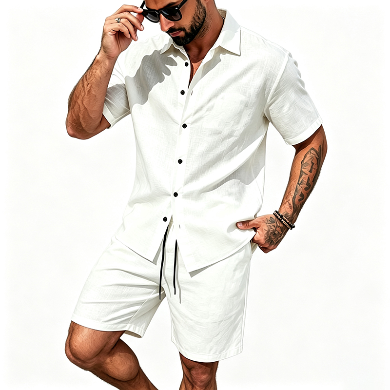 男性リネンツーピース衣装半袖ラペルボタンシャツ弾性ドロースト - Summer Clothing Linen のレビューと価格