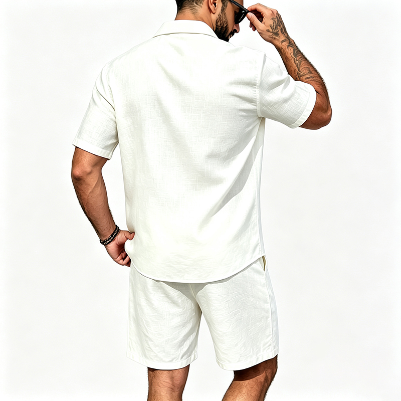 男性リネンツーピース衣装半袖ラペルボタンシャツ弾性ドロースト - Summer Clothing Linen のレビューと価格