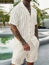 メンズ クロシェ編み 2ピースセット ラペル付き半袖シャツ  - Summer Clothing Guys のレビューと価格