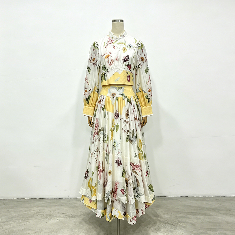 夏の花柄プリントホリデー2ピースセットスタンドカラー長袖トッ - Summer Clothing Holiday のレビューと価格
