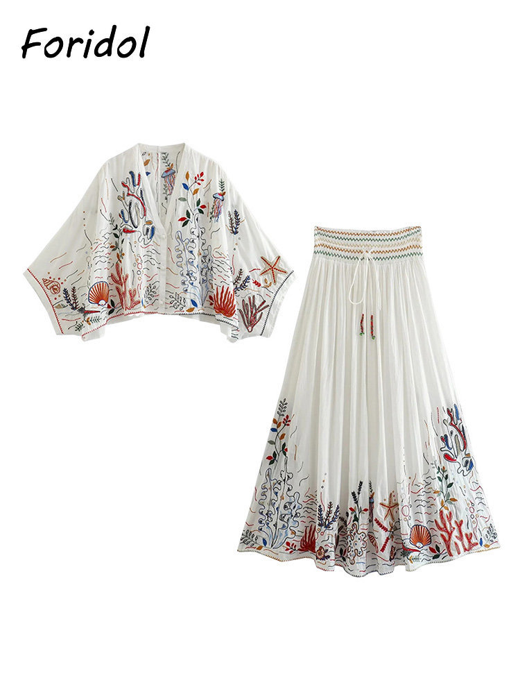 Foridol 海洋生物刺繍バットウィングスリーブ夏春マキシ - Summer Clothing Linen のレビューと価格
